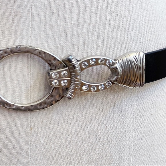 Chico’s Silver Tone Rhinestone Buckle Black Belt S - Picture 9 of 16